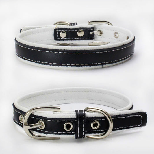 Classic Black & White Leather Dog Collar